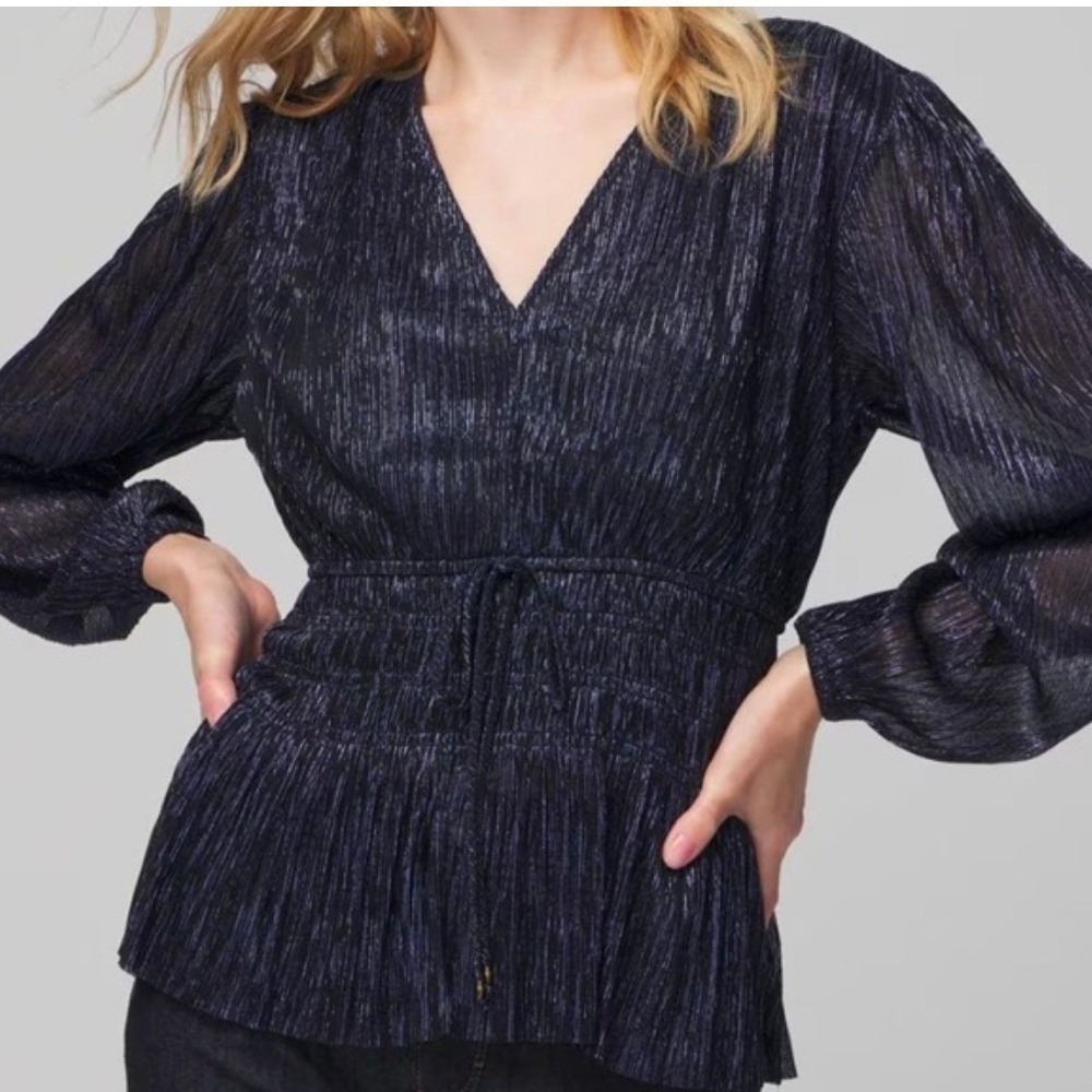 White House Black Market Metallic Pleated Smocked Waist Peplum Blouse‎ Navy L